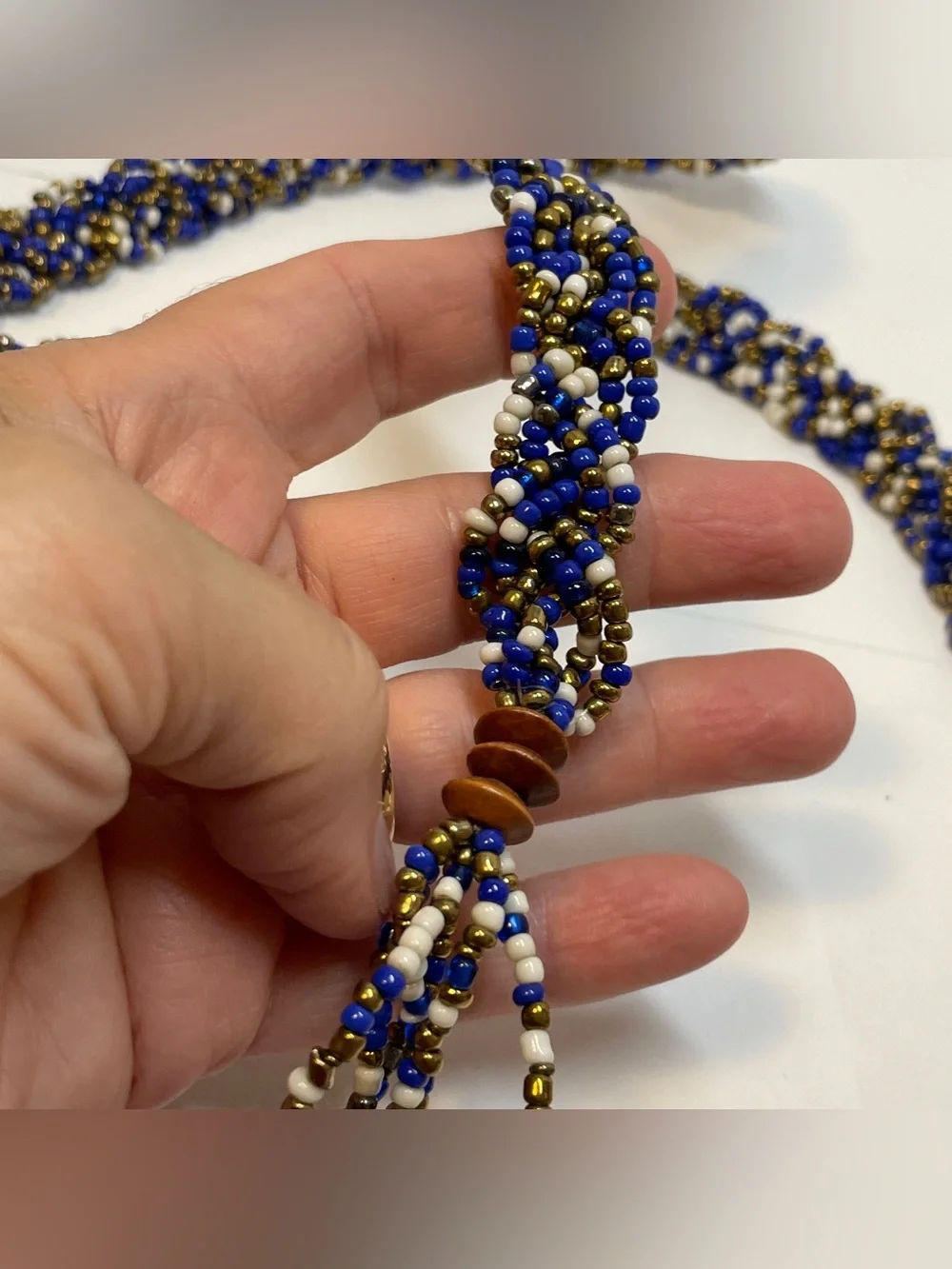 Braided Boho Native Am Style Seed Bead Adjustable Belt Blue Cream Brass, 60”